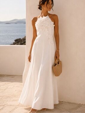 NWT Caroline Constas White Strapless Floral-Applique Maxi Dress